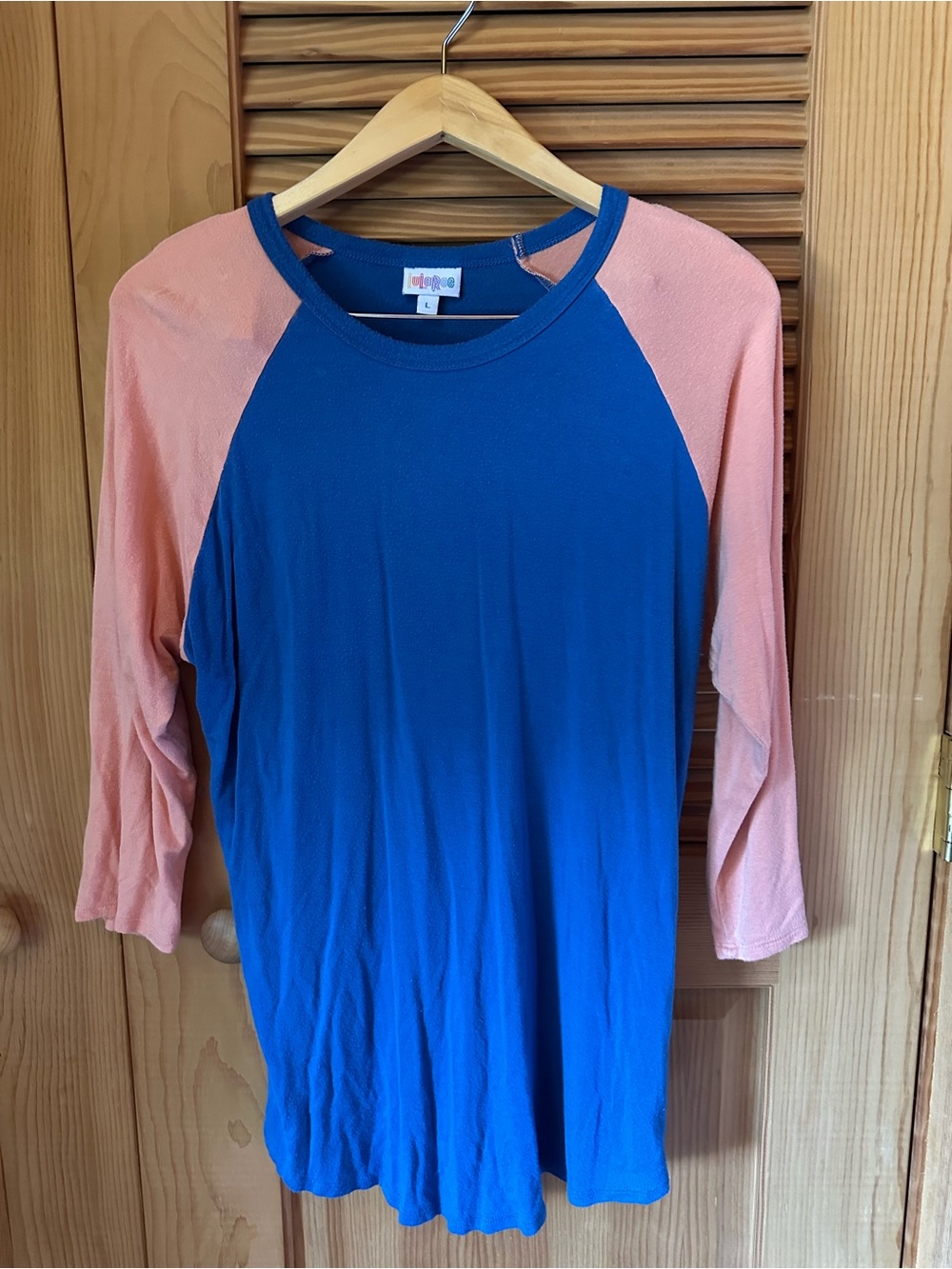 LuLaRoe Blue Body with Pink Raglan Sleeves Long Sleeve Tee